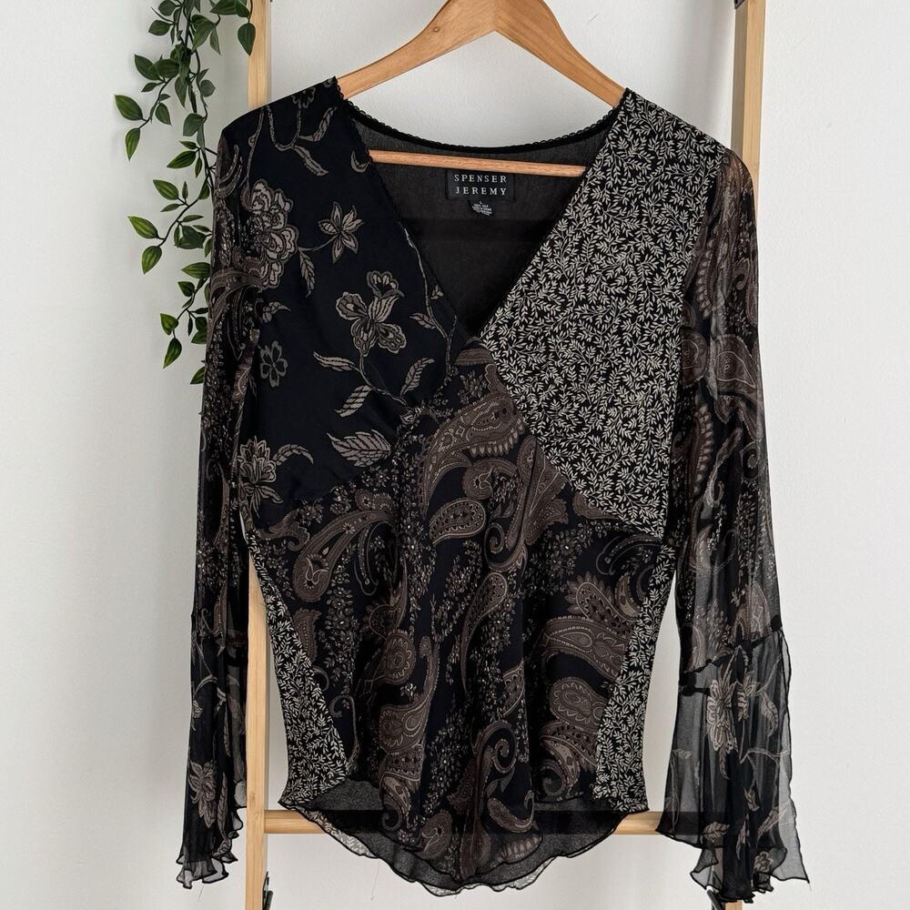 Spense Jeremy Women 's Blouse Silk Long Sleeve V-Neck Paysley Print Size L EUC